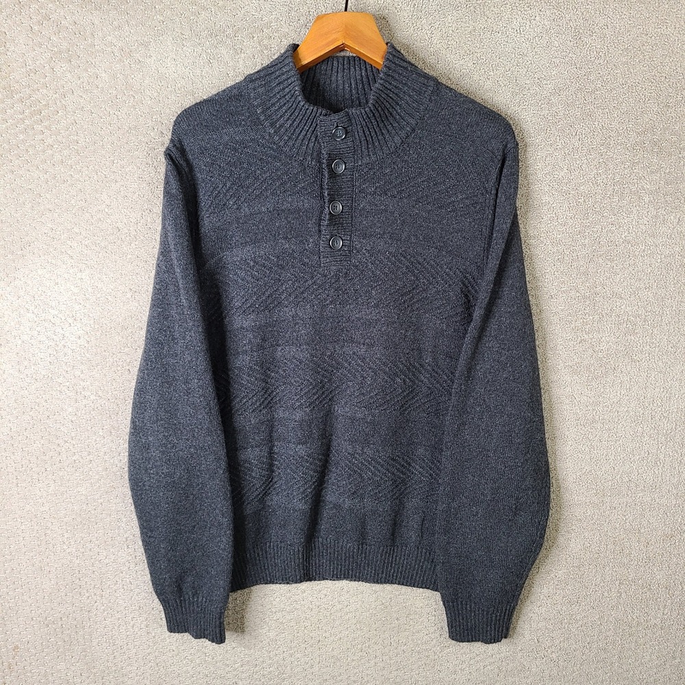 Marc‎ Anthony Sweater Mens XXL Gray Chevron Mock Neck Button Cotton Alpaca Blend